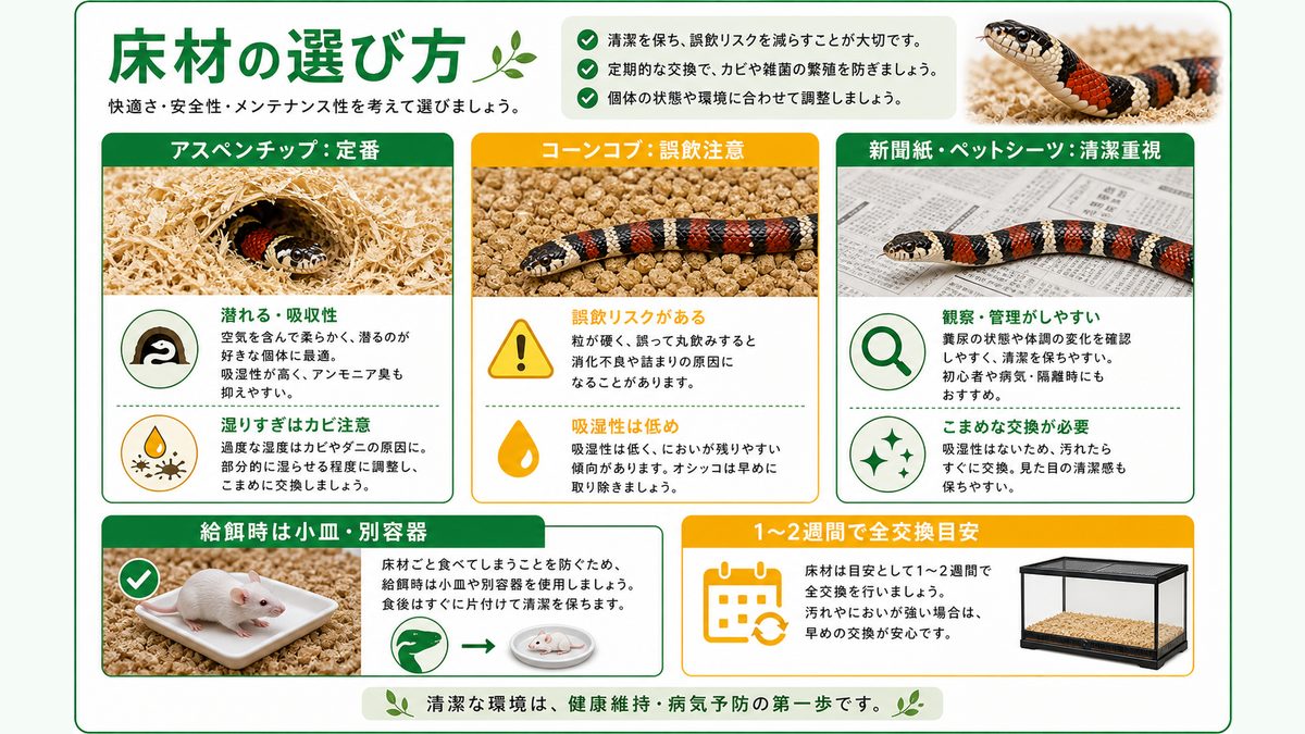 床材の選び方の要点をまとめたカメレオン・爬虫類飼育インフォグラフィック
