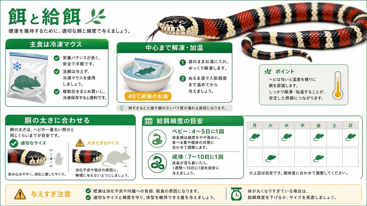 餌と給餌(冷凍マウス)の要点をまとめたカメレオン・爬虫類飼育インフォグラフィック