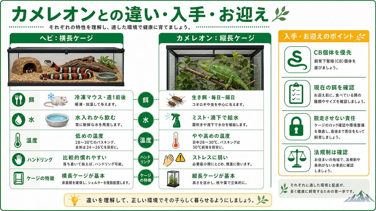 カメレオンとの違い・入手・お迎えの要点をまとめたカメレオン・爬虫類飼育インフォグラフィック