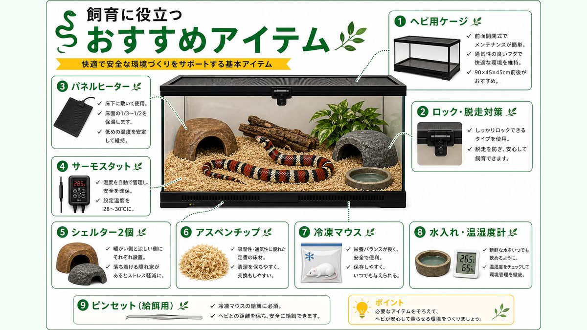 飼育に役立つおすすめアイテムの要点をまとめたカメレオン・爬虫類飼育インフォグラフィック