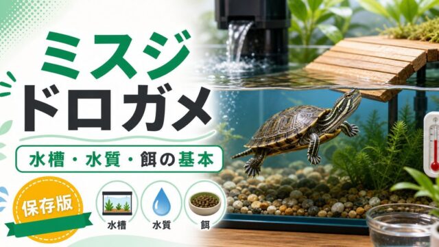 ミスジドロガメ（Kinosternon baurii）飼育完全ガイド｜背甲に3本の黄条が走る小型ドロガメの特徴・水槽・餌を徹底解説の要点を伝えるカメレオン・爬虫類記事アイキャッチ画像