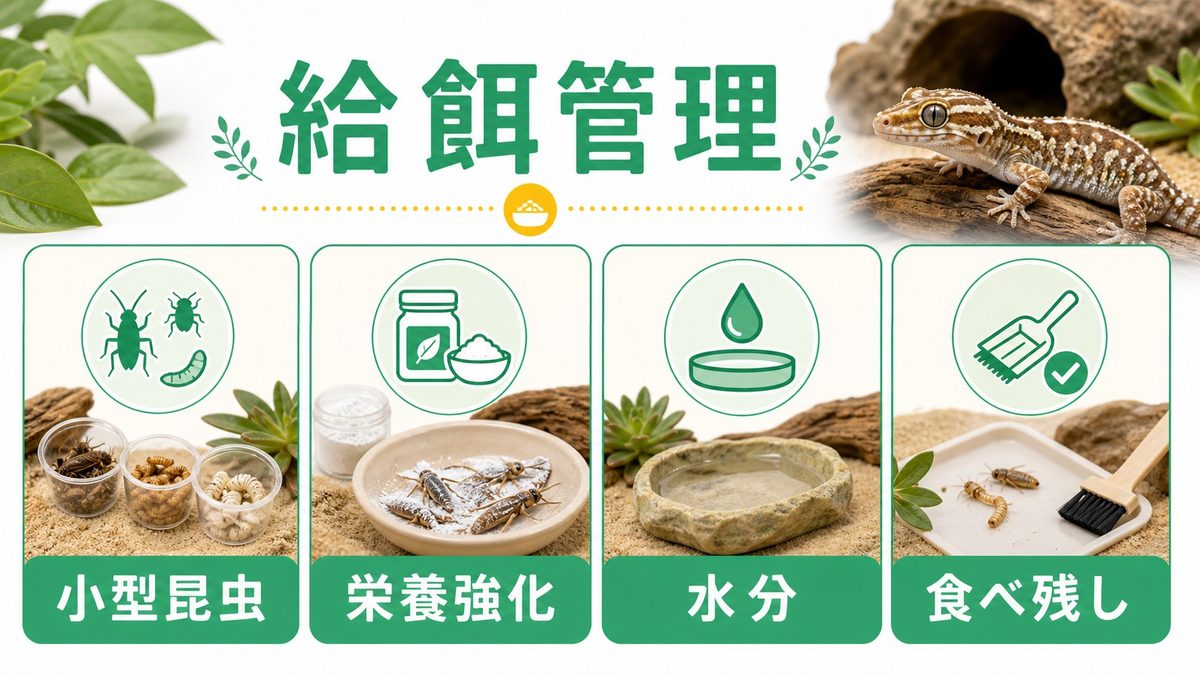 給餌と栄養｜昆虫食管理とサプリメントの活用法の要点をまとめたカメレオン・爬虫類飼育インフォグラフィック
