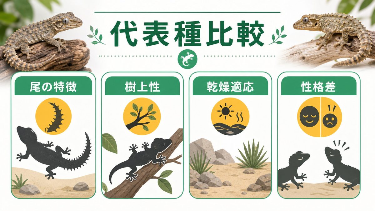 代表種の紹介と比較｜S. williamsi・S. ciliaris・S. elderi・S. spinigerusの要点をまとめたカメレオン・爬虫類飼育インフォグラフィック
