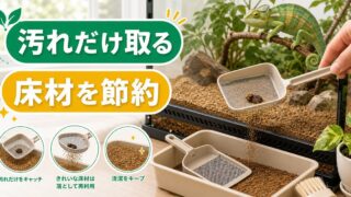爬虫類の床材ふるい・ふん取りスコップ完全ガイド｜砂・ソイルのスポット清掃を効率化する道具の選び方を徹底解説の要点を伝えるカメレオン・爬虫類記事アイキャッチ画像