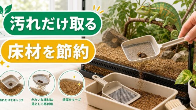 爬虫類の床材ふるい・ふん取りスコップ完全ガイド｜砂・ソイルのスポット清掃を効率化する道具の選び方を徹底解説の要点を伝えるカメレオン・爬虫類記事アイキャッチ画像