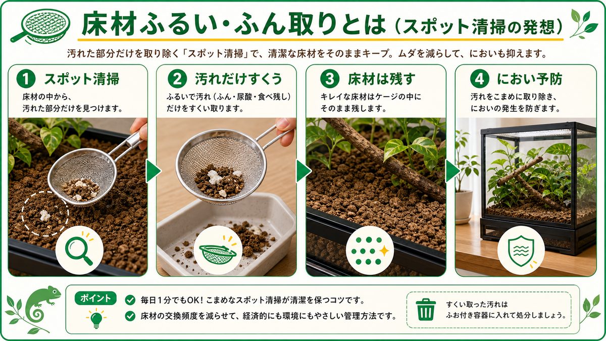 床材ふるい・ふん取りとは（スポット清掃の発想）の要点をまとめたカメレオン・爬虫類飼育インフォグラフィック
