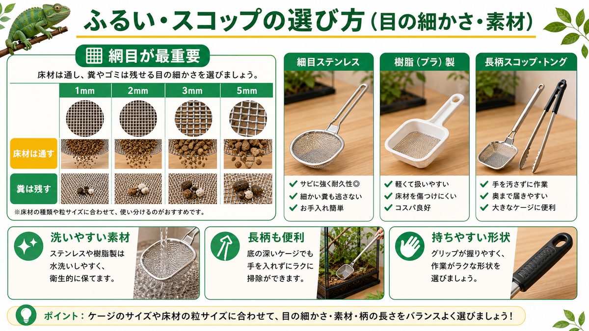 ふるい・スコップの選び方（目の細かさ・素材）の要点をまとめたカメレオン・爬虫類飼育インフォグラフィック