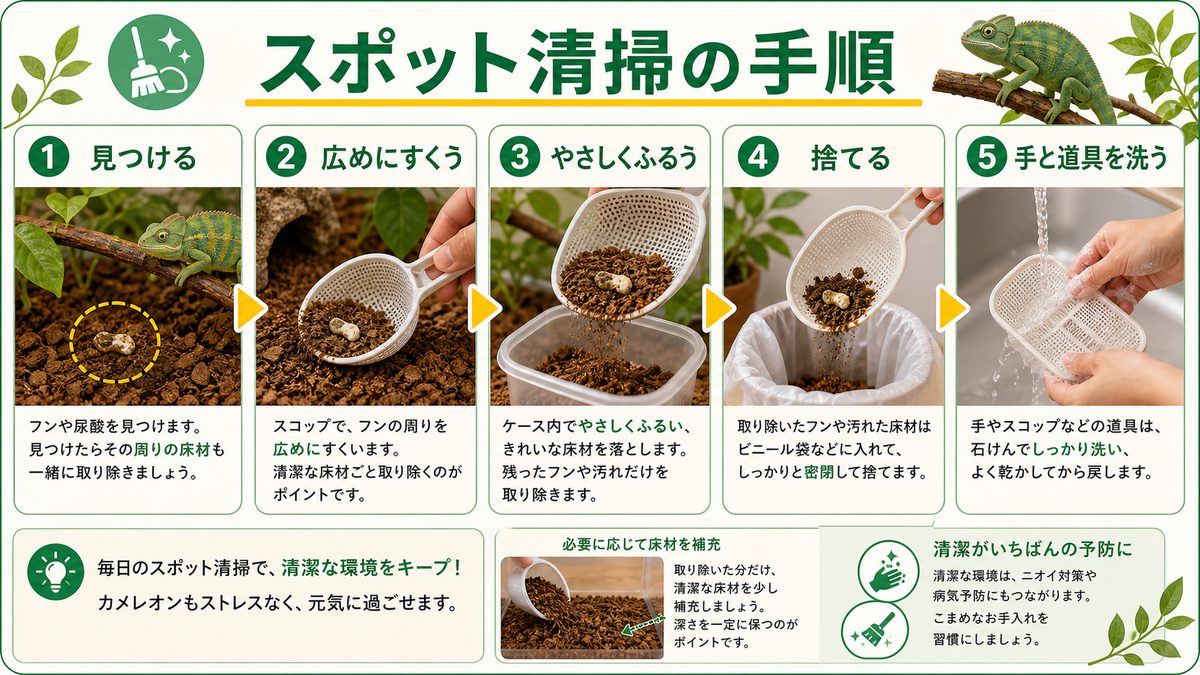 スポット清掃の手順の要点をまとめたカメレオン・爬虫類飼育インフォグラフィック