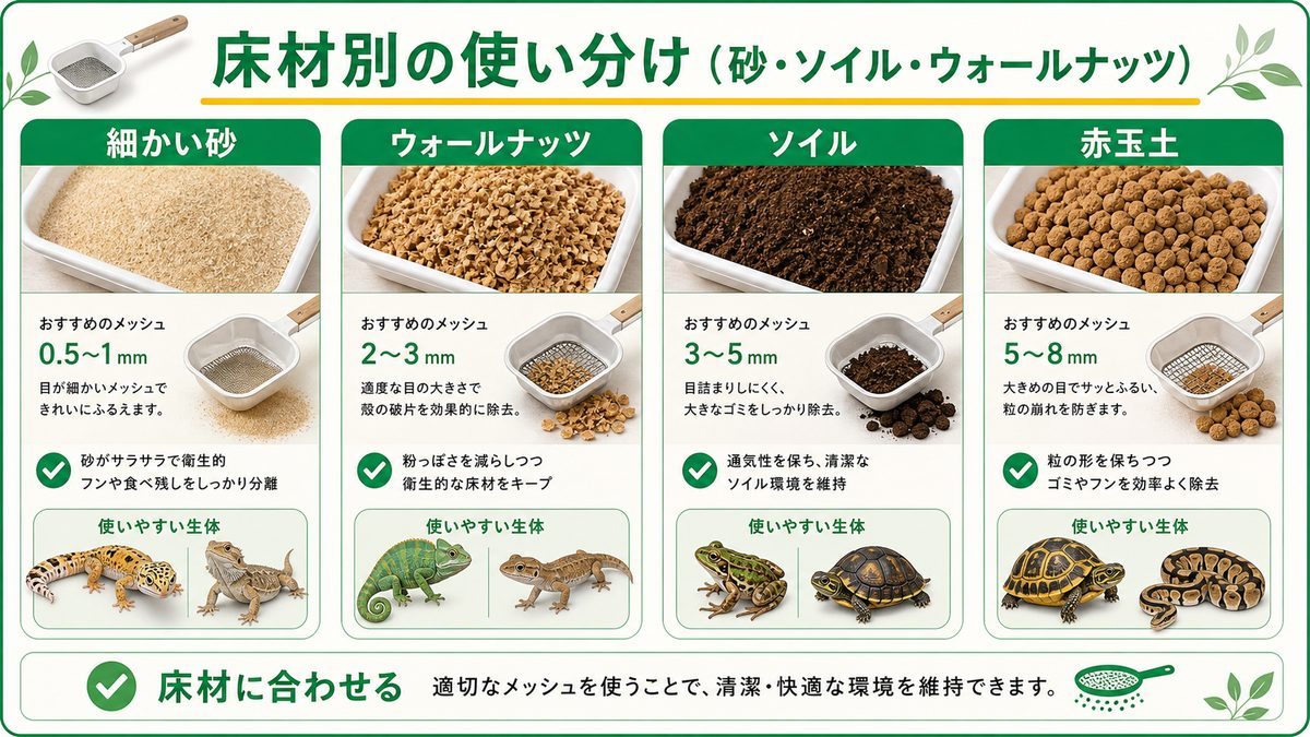 床材別の使い分け（砂・ソイル・ウォールナッツ）の要点をまとめたカメレオン・爬虫類飼育インフォグラフィック