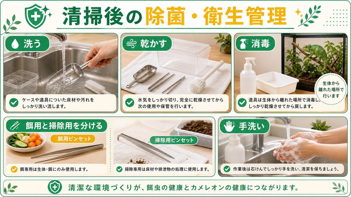 清掃後の除菌・衛生管理の要点をまとめたカメレオン・爬虫類飼育インフォグラフィック