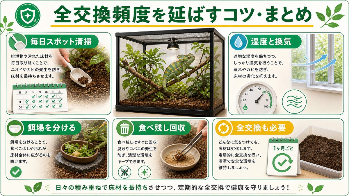 全交換頻度を延ばすコツ・まとめの要点をまとめたカメレオン・爬虫類飼育インフォグラフィック