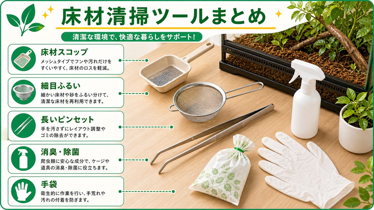 掃除道具まとめ・おすすめAmazonリンクSelectionの要点をまとめたカメレオン・爬虫類飼育インフォグラフィック