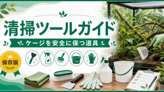 テラリウム・爬虫類ケージのメンテナンスツール完全ガイド｜スクレーパー・クリーナー・消毒グッズの選び方と効率的な清掃方法の要点を伝えるカメレオン・爬虫類記事アイキャッチ画像