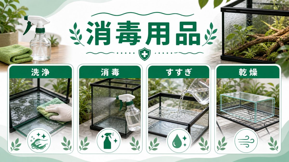 消毒・除菌グッズの選び方の要点をまとめたカメレオン・爬虫類飼育インフォグラフィック