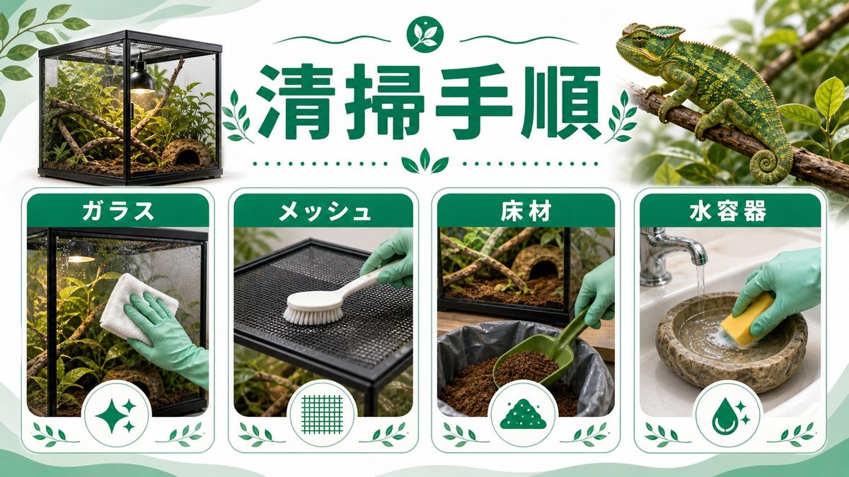 ケージタイプ別清掃テクニックの要点をまとめたカメレオン・爬虫類飼育インフォグラフィック
