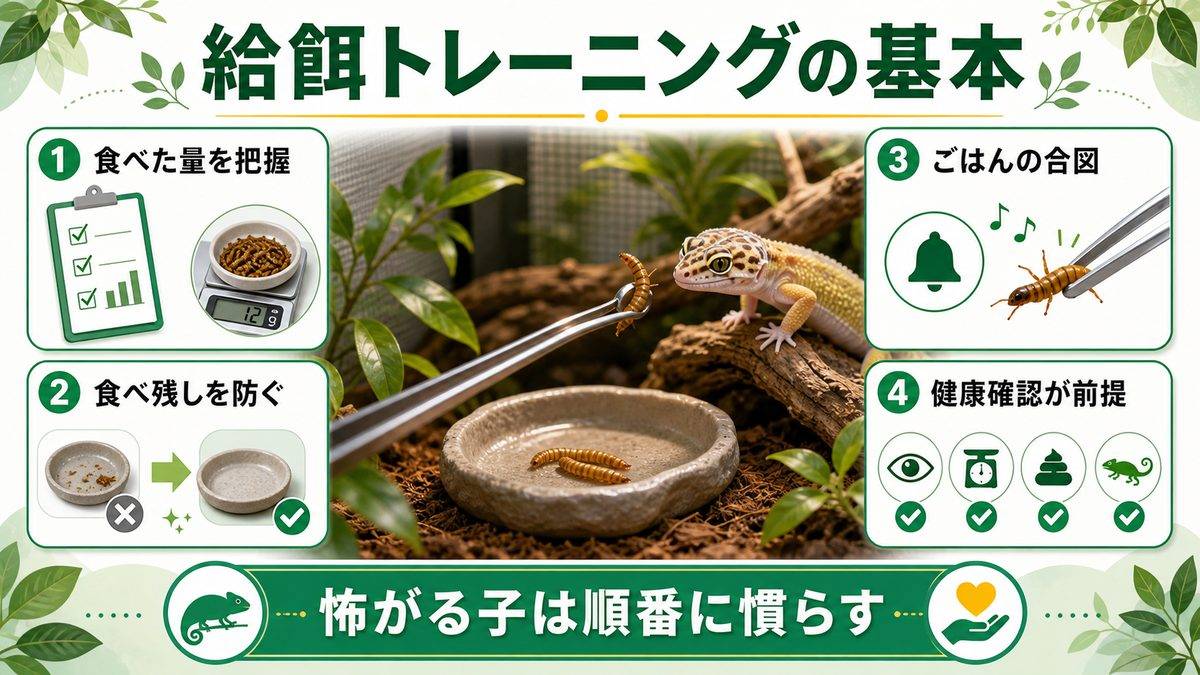 ピンセット給餌・餌付けとはの要点をまとめたカメレオン・爬虫類飼育インフォグラフィック