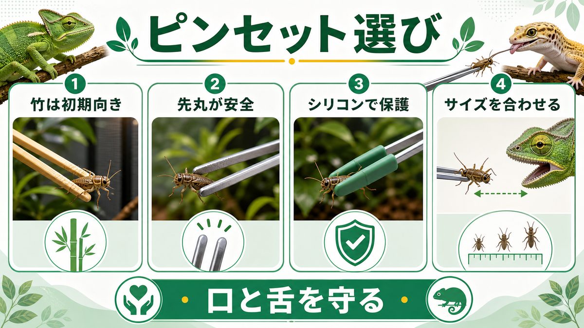 ピンセットの選び方(竹・ステンレス・シリコン)の要点をまとめたカメレオン・爬虫類飼育インフォグラフィック