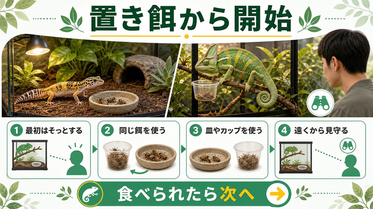 まず置き餌で慣らすの要点をまとめたカメレオン・爬虫類飼育インフォグラフィック