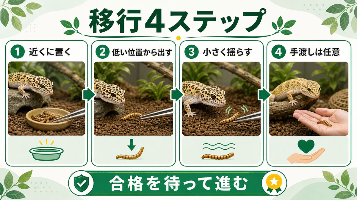 ピンセットから食べさせる移行ステップの要点をまとめたカメレオン・爬虫類飼育インフォグラフィック