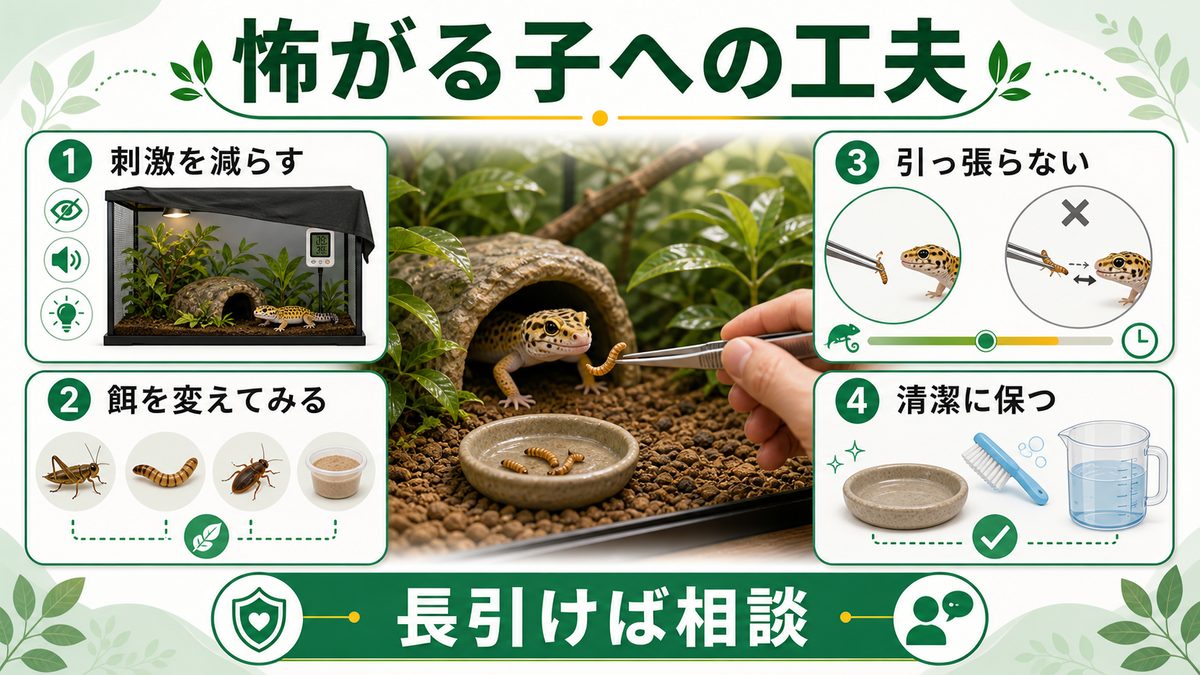 怖がる個体・口を傷つけない工夫の要点をまとめたカメレオン・爬虫類飼育インフォグラフィック