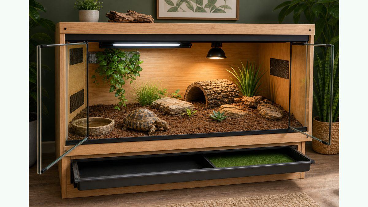 タイプ①：専用ケージ（木製・ガラス）の要点をまとめたカメレオン・爬虫類飼育インフォグラフィック