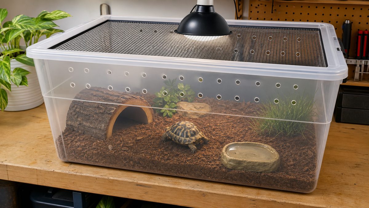 タイプ②：衣装ケース（プラスチックケース）の要点をまとめたカメレオン・爬虫類飼育インフォグラフィック