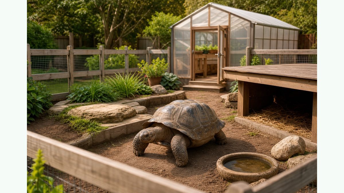 タイプ⑤：大型種の屋外飼育場・温室・大型自作ケージの要点をまとめたカメレオン・爬虫類飼育インフォグラフィック