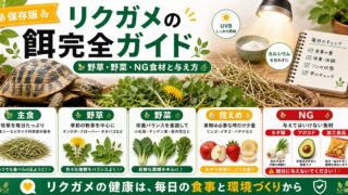 リクガメの餌完全ガイド！野草・野菜の選び方とNG食材・与え方を徹底解説の要点を伝えるカメレオン・爬虫類記事アイキャッチ画像