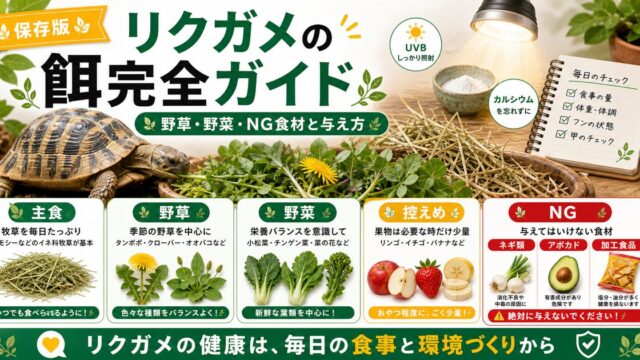 リクガメの餌完全ガイド！野草・野菜の選び方とNG食材・与え方を徹底解説の要点を伝えるカメレオン・爬虫類記事アイキャッチ画像