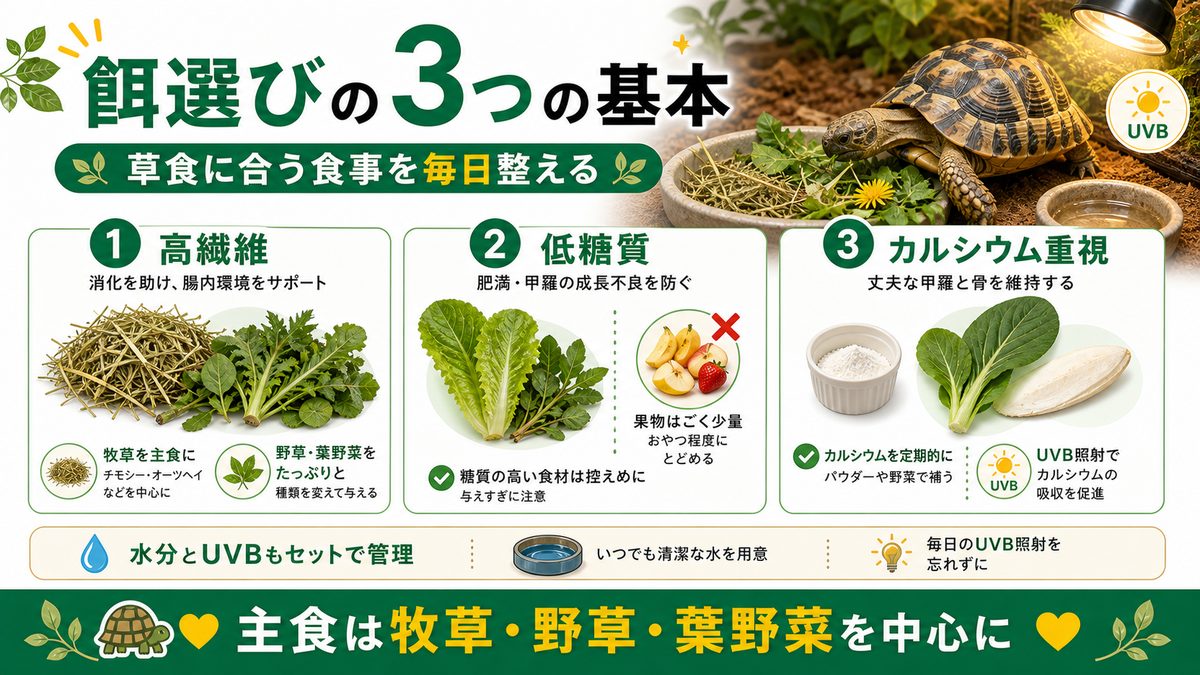 リクガメは草食!餌選びの3つの基本の要点をまとめたカメレオン・爬虫類飼育インフォグラフィック