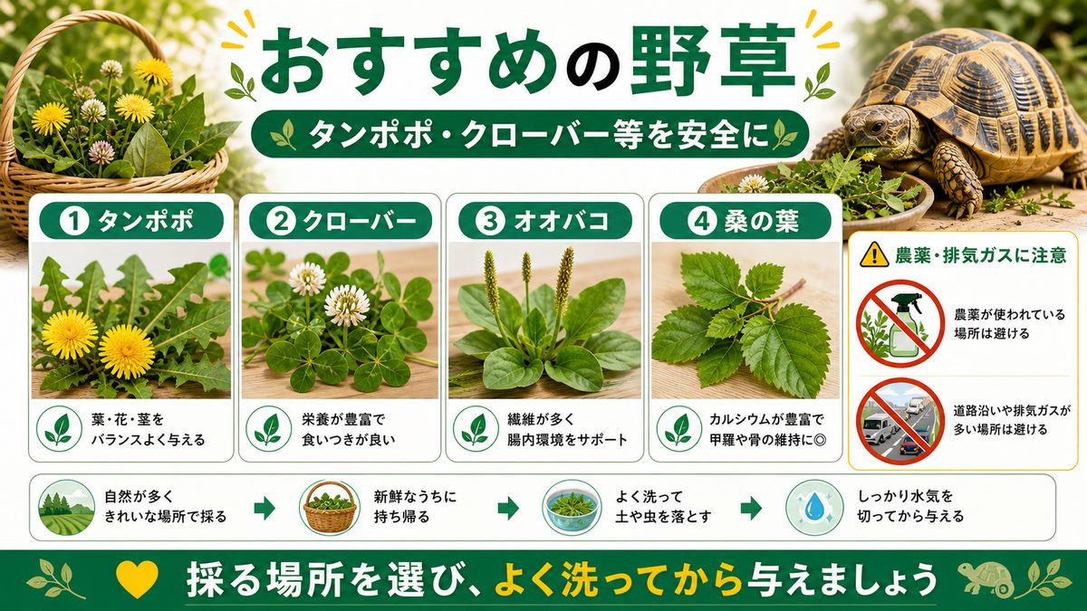 毎日の主役!おすすめの野草(タンポポ・クローバー等)の要点をまとめたカメレオン・爬虫類飼育インフォグラフィック