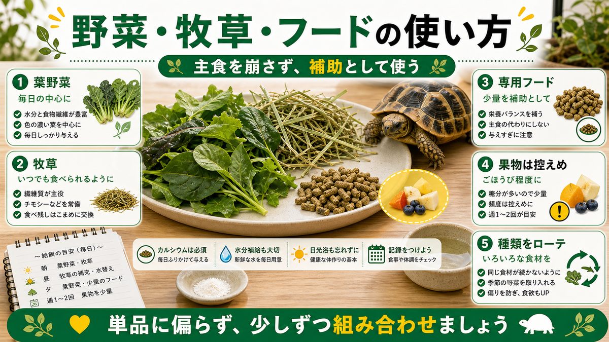 おすすめの野菜・牧草・フードの使い方の要点をまとめたカメレオン・爬虫類飼育インフォグラフィック
