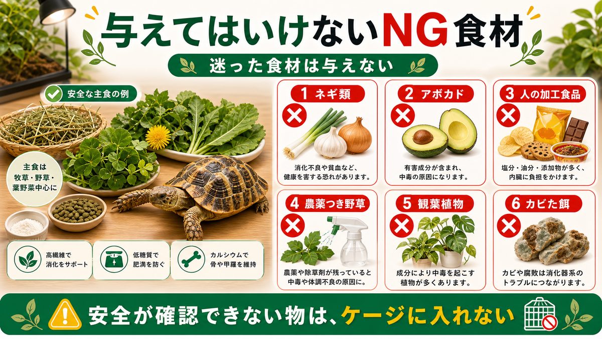 与えてはいけないNG食材【一覧表】の要点をまとめたカメレオン・爬虫類飼育インフォグラフィック
