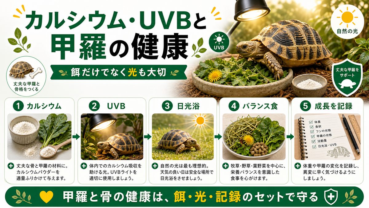 カルシウム・UVBと甲羅の健康の要点をまとめたカメレオン・爬虫類飼育インフォグラフィック