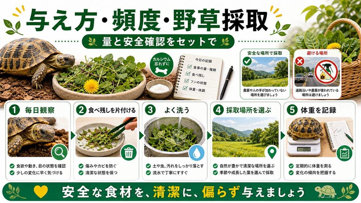 与え方・頻度・野草採取の注意の要点をまとめたカメレオン・爬虫類飼育インフォグラフィック