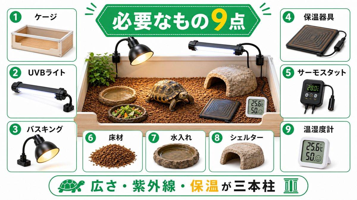 リクガメ飼育に必要なもの9点セット【一覧表】の要点をまとめたカメレオン・爬虫類飼育インフォグラフィック