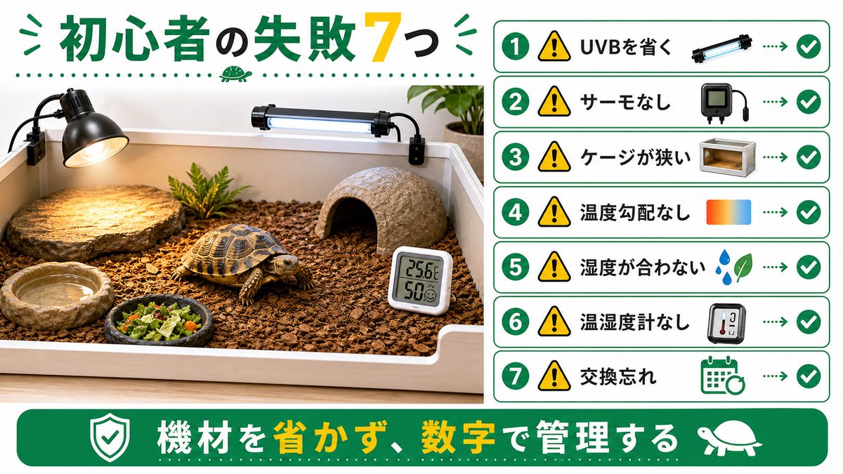 初心者がやりがちな失敗7つ|先に知って回避しようの要点をまとめたカメレオン・爬虫類飼育インフォグラフィック