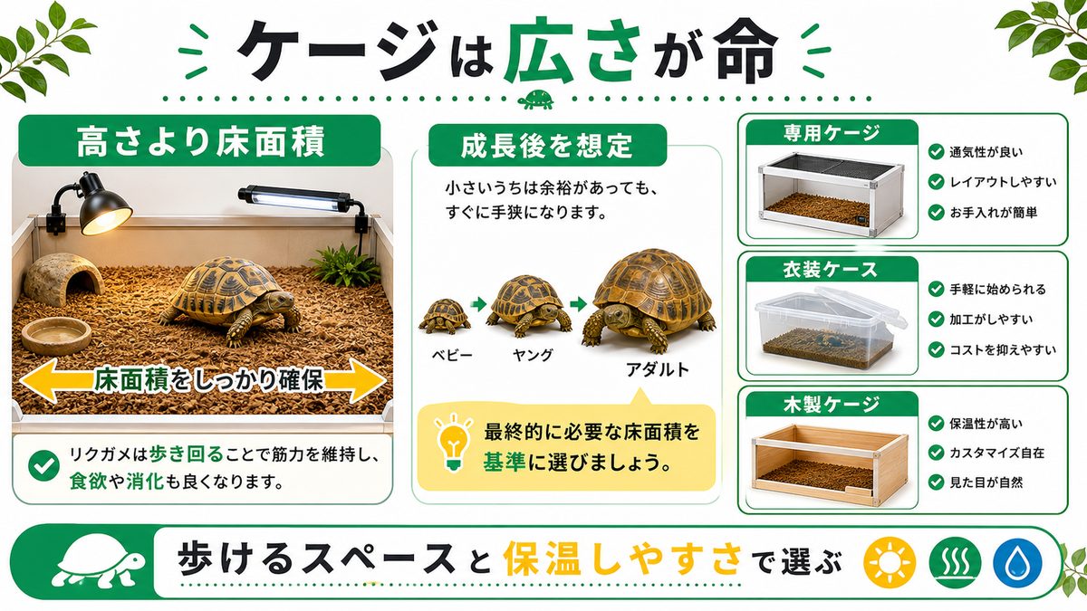①ケージ|リクガメは「広さ」が命。サイズの選び方の要点をまとめたカメレオン・爬虫類飼育インフォグラフィック
