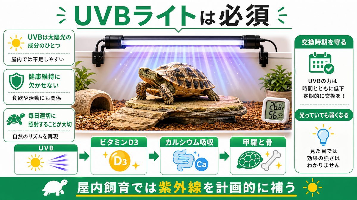 ②UVBライト|甲羅を守る「紫外線」は絶対に省けないの要点をまとめたカメレオン・爬虫類飼育インフォグラフィック