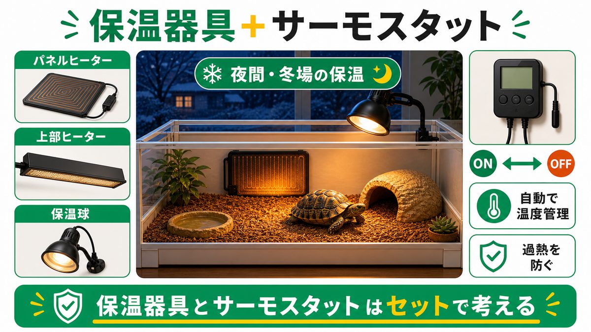 ④保温器具+⑤サーモスタット|冬越しの要の要点をまとめたカメレオン・爬虫類飼育インフォグラフィック
