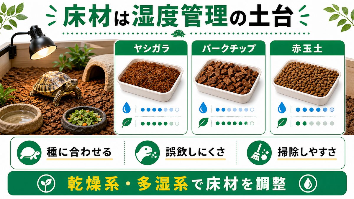 ⑥床材|種に合わせて「湿度」をコントロールの要点をまとめたカメレオン・爬虫類飼育インフォグラフィック