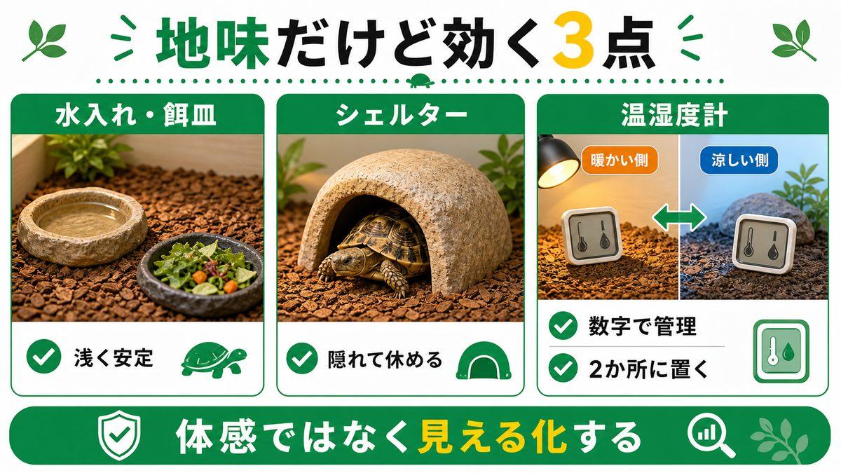 ⑦〜⑨水入れ・シェルター・温湿度計|地味だけど効く脇役たちの要点をまとめたカメレオン・爬虫類飼育インフォグラフィック