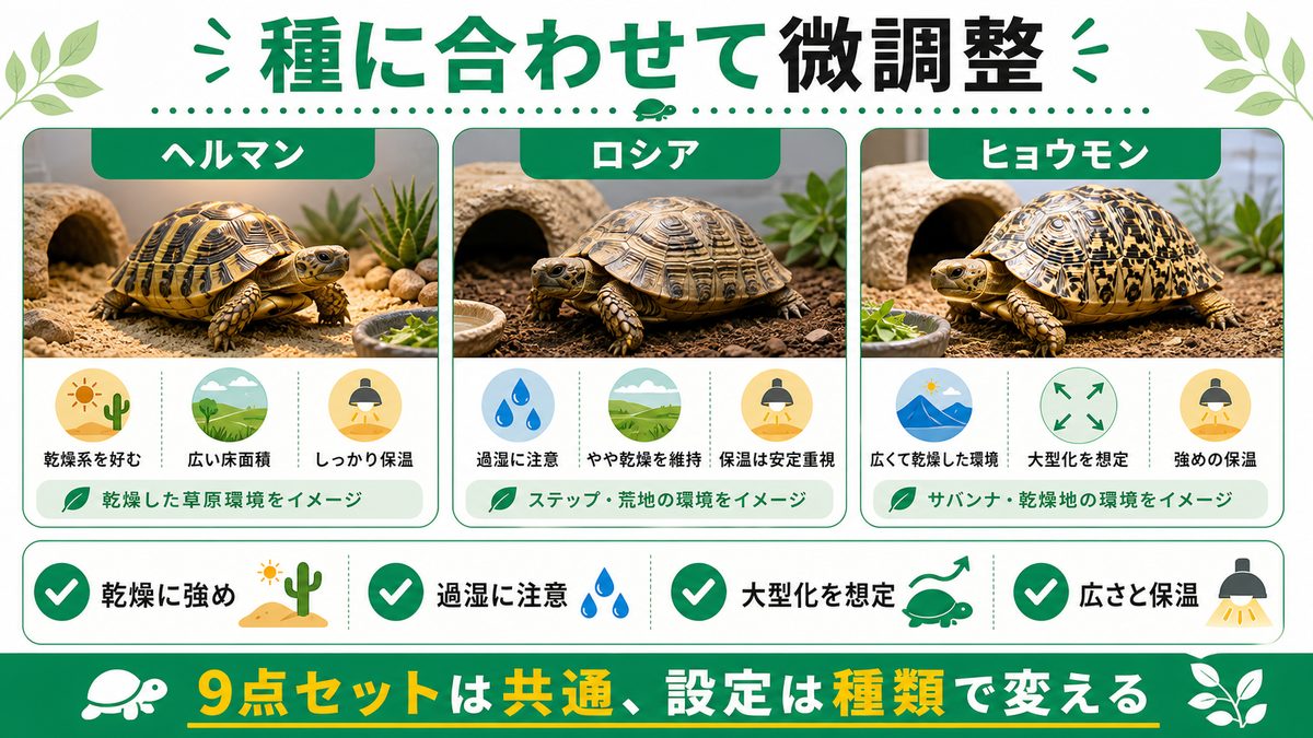 種による違い|あなたのリクガメに合わせて微調整の要点をまとめたカメレオン・爬虫類飼育インフォグラフィック