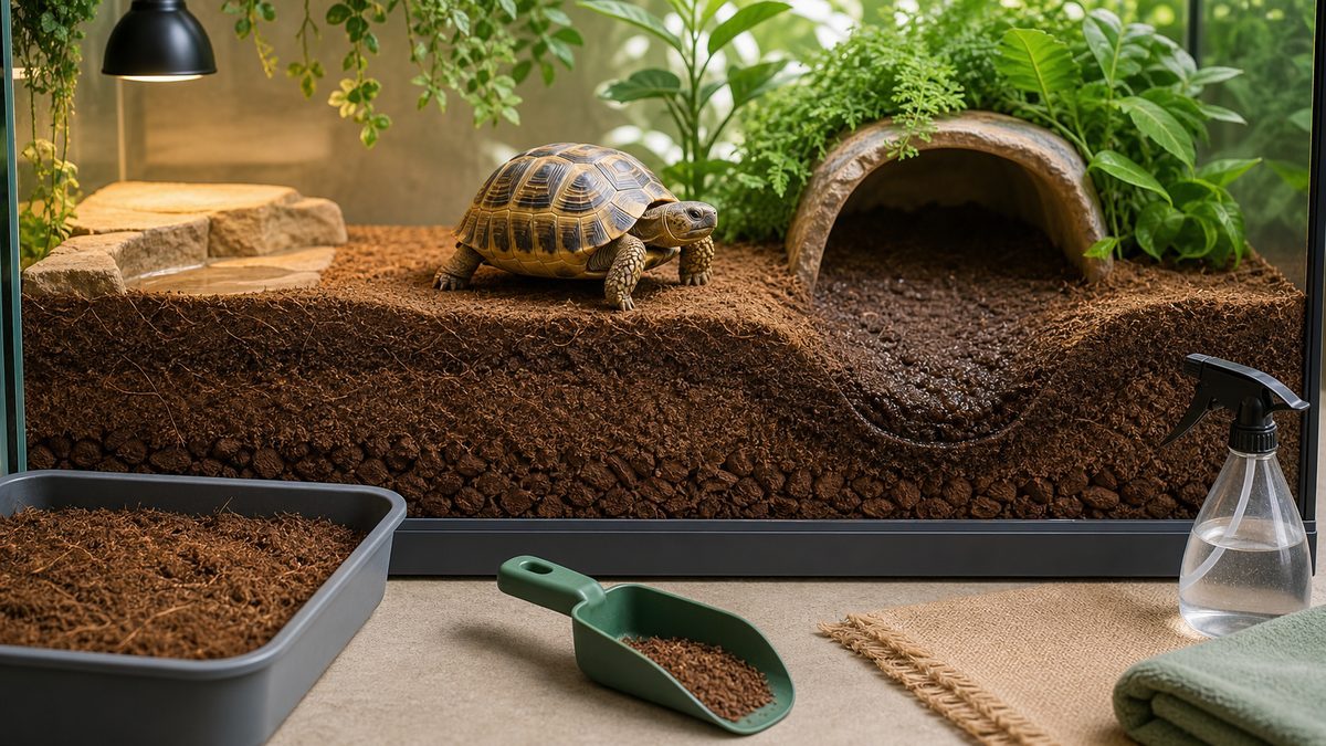 厚み・湿らせ方・掃除頻度の目安の要点をまとめたカメレオン・爬虫類飼育インフォグラフィック