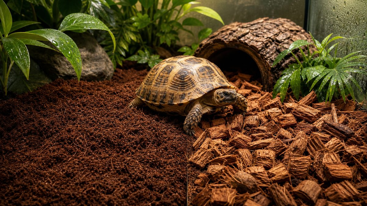 多湿系に向く床材|ヤシガラ・ハスクチップの要点をまとめたカメレオン・爬虫類飼育インフォグラフィック