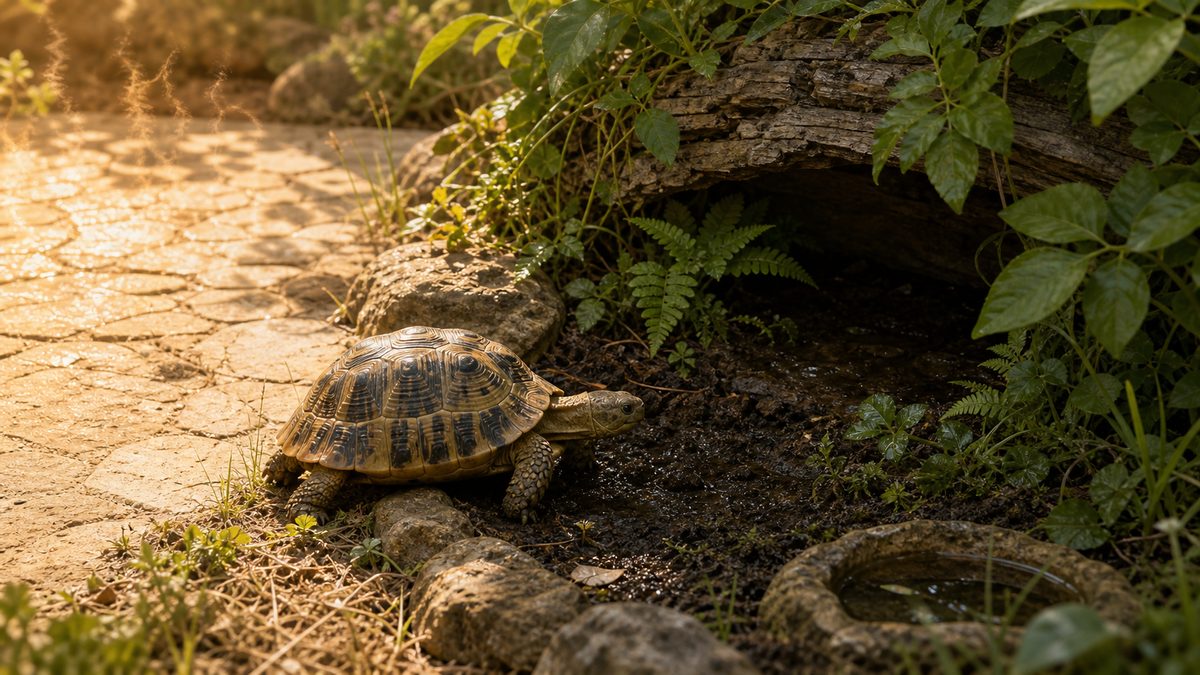 なぜリクガメは夏に弱いのか|甲羅に熱がこもる体のしくみの要点をまとめたカメレオン・爬虫類飼育インフォグラフィック