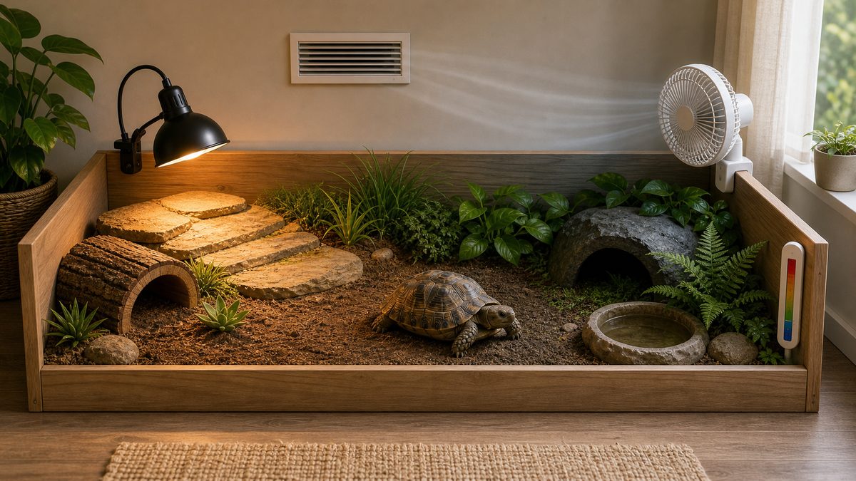 室内飼育の夏|温度勾配・エアコン・冷却ファンの要点をまとめたカメレオン・爬虫類飼育インフォグラフィック