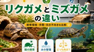 リクガメとミズガメの違いは？飼育の特徴とどっちが飼いやすいかを徹底比較の要点を伝えるカメレオン・爬虫類記事アイキャッチ画像