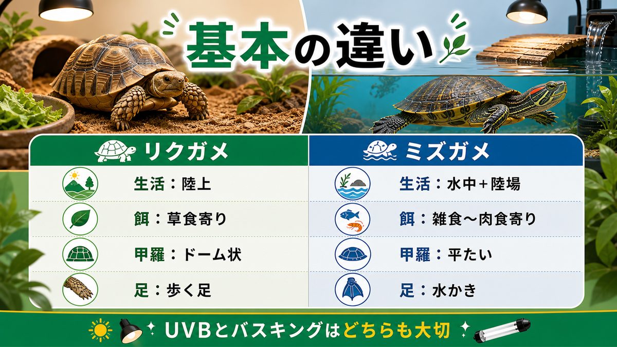リクガメとミズガメの基本的な違いの要点をまとめたカメレオン・爬虫類飼育インフォグラフィック