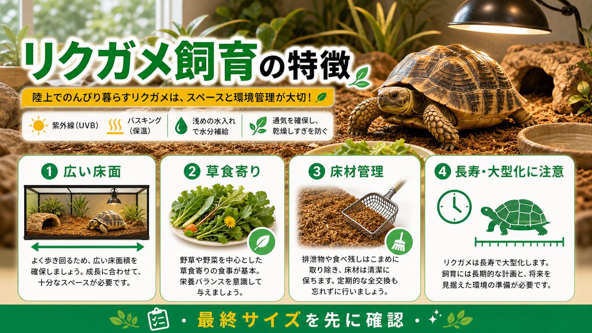 リクガメの飼育の特徴の要点をまとめたカメレオン・爬虫類飼育インフォグラフィック